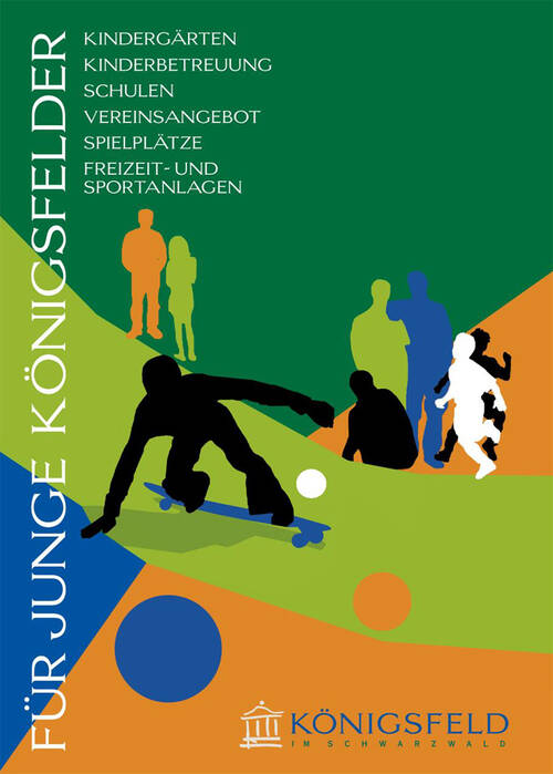 Das Bild zeigt bunte Silhouetten von Menschen beim Sport und Freizeitaktivitäten, umgeben von den Worten "Kindergärten", "Kinderbetreuung", "Schulen", "Vereinsangebot", "Spielplätze", "Freizeit- und Sportanlagen" sowie "Für junge Königsfelder".