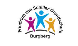 Logo der Friedrich von Schiller Grundschule Burgberg mit drei stilisierten farbigen Figuren, die einander an den Händen halten.