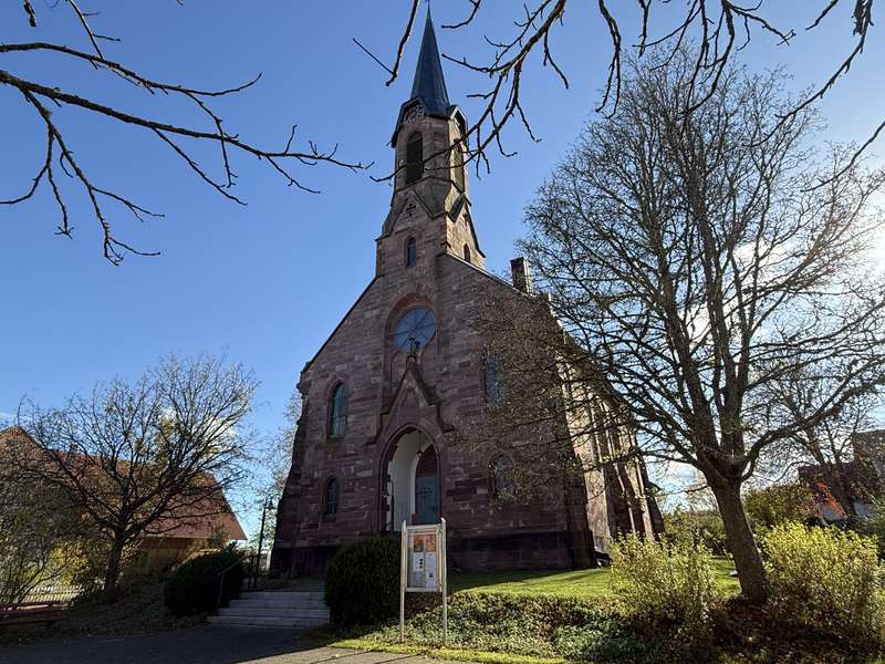 Eine große, steinerne Kirche mit einem hohen Turm steht auf einem grünen Hügel, umrahmt von kahlen Bäumen und einem klaren blauen Himmel.