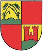 Das Wappen zeigt ein Geviert von Gold (Gelb) und Rot; in Feld eins aus den beiden äußeren Kuppen eines grünen Dreibergs wachsend zwei schräggekreuzte grüne Kornähren, in Feld vier auf grünem Dreiberg eine rote Burg mit zwei Zinnentürmen.