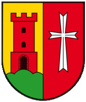 Das Wappen ist längs unterteilt in  links gelb und rechts rot. Links ist darauf eine rote Burg mit einem Turm auf einem grünen Hügel und rechts ein weißes Kreuz.