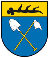 Wappen mit einer waagrechten Unterteilung (eindrittel in gelb oben und zweidrittel in mittelblau unten). 