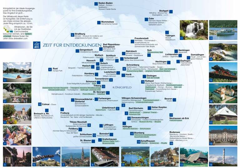 Die Illustration zeigt eine Landkarte der Region um Königsfeld mit markierten Städten und Sehenswürdigkeiten, umgeben von Fotos von touristischen Attraktionen.