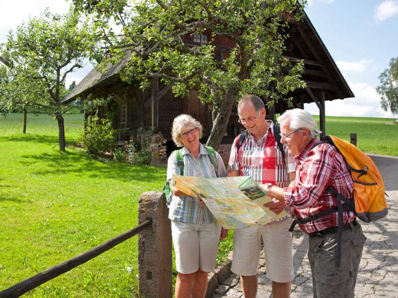 Eine Frau und zwei Männer wandern durch eine schöne grüne Landschaft und schauen gemeinsam in eine Wanderkarte. Im Hintergrund idt ein altes Holzgebäude zu sehen. 