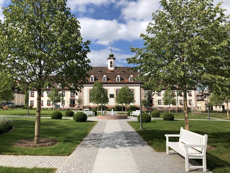 Blick auf einen gepflasterten Weg, der zu einem klassischen Gebäude mit Uhr und Turm führt, umgeben von sattgrünen Bäumen und Bänken im Vordergrund.